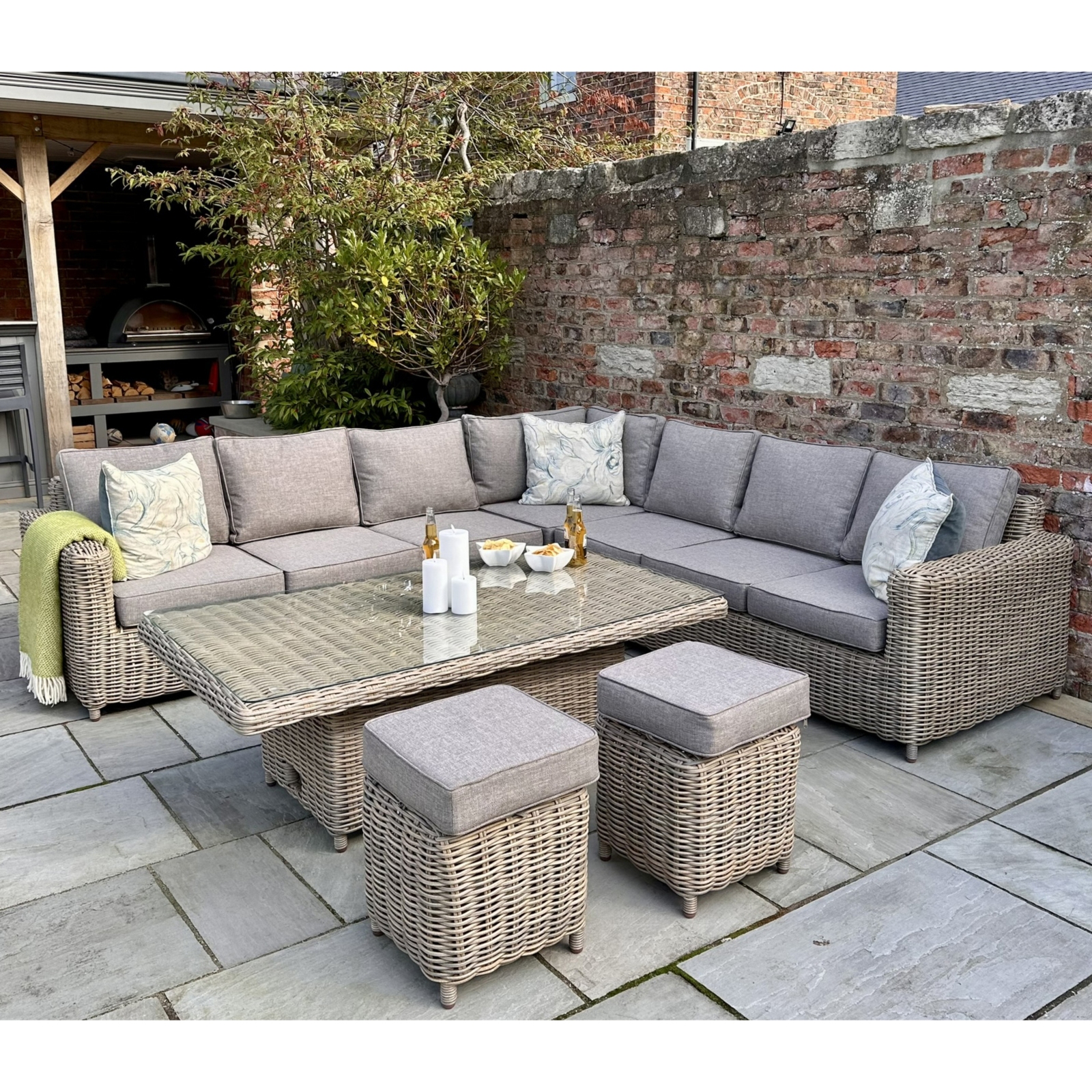 Amalfi Collection Outdoor Large Corner Set With Riser Table & 2 Stools