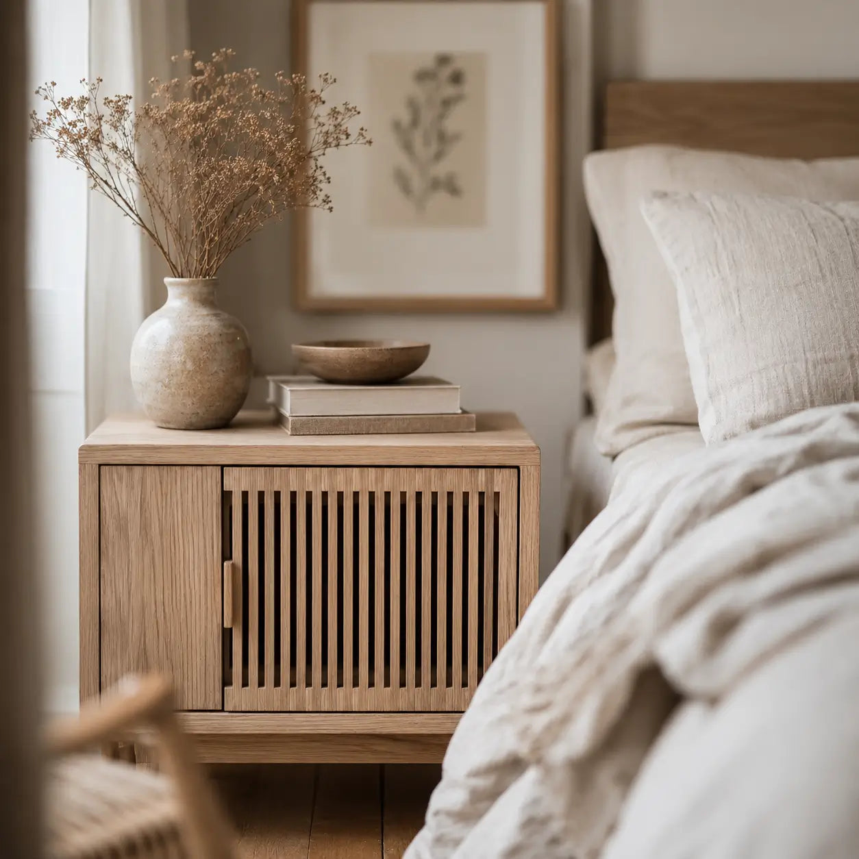 Calm minimal bedroom furniture with natural light