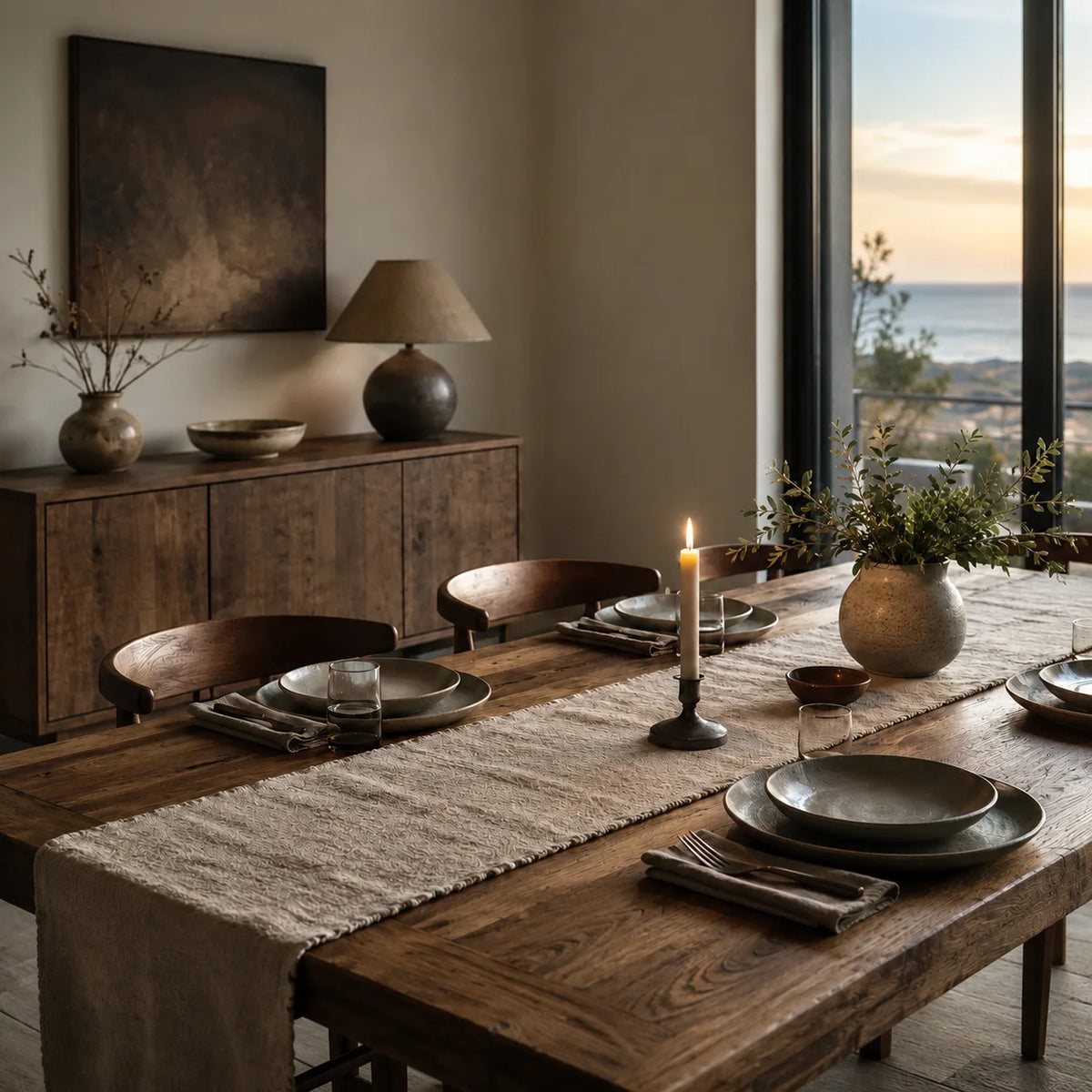 Rustic dining room furniture at dusk