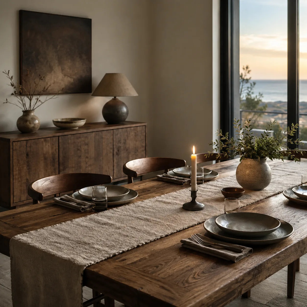 Rustic dining room furniture at dusk