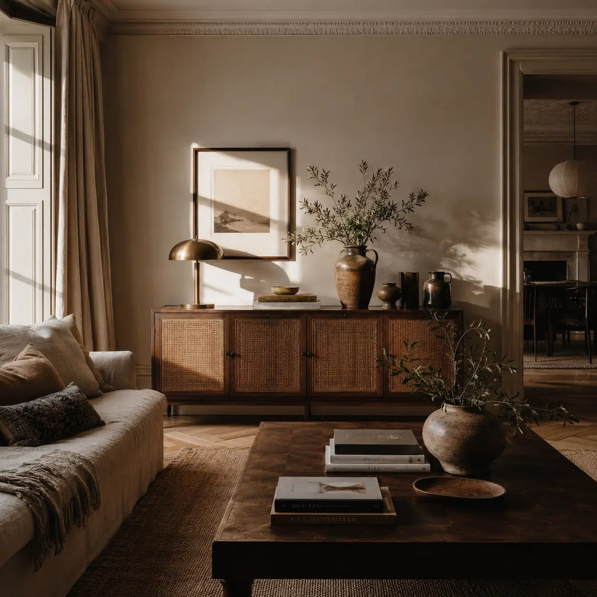 Sunlit minimalist living room furniture with textures