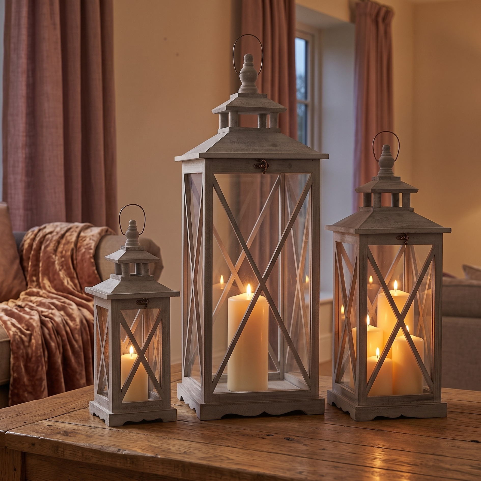 Set Of Three Wooden Lanterns With Traditional Cross Section