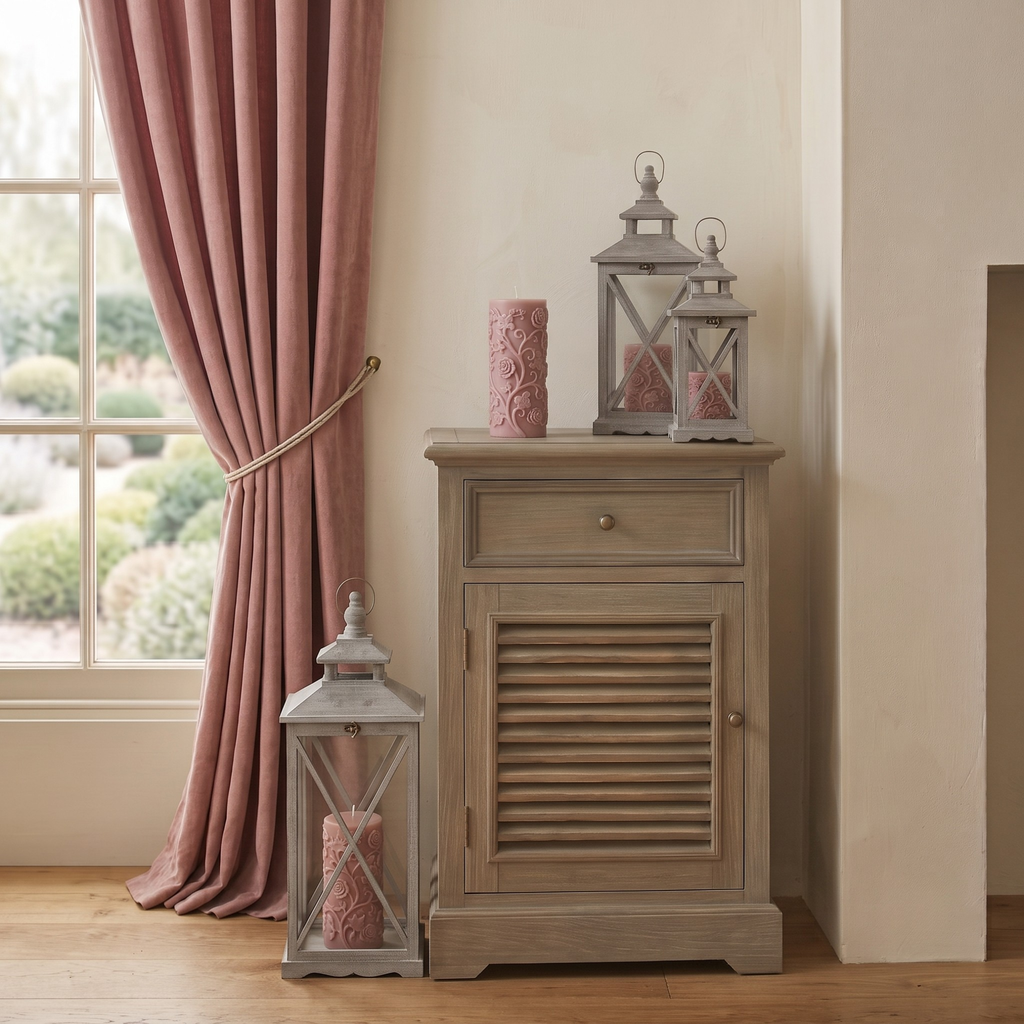 Set Of Three Wooden Lanterns With Traditional Cross Section