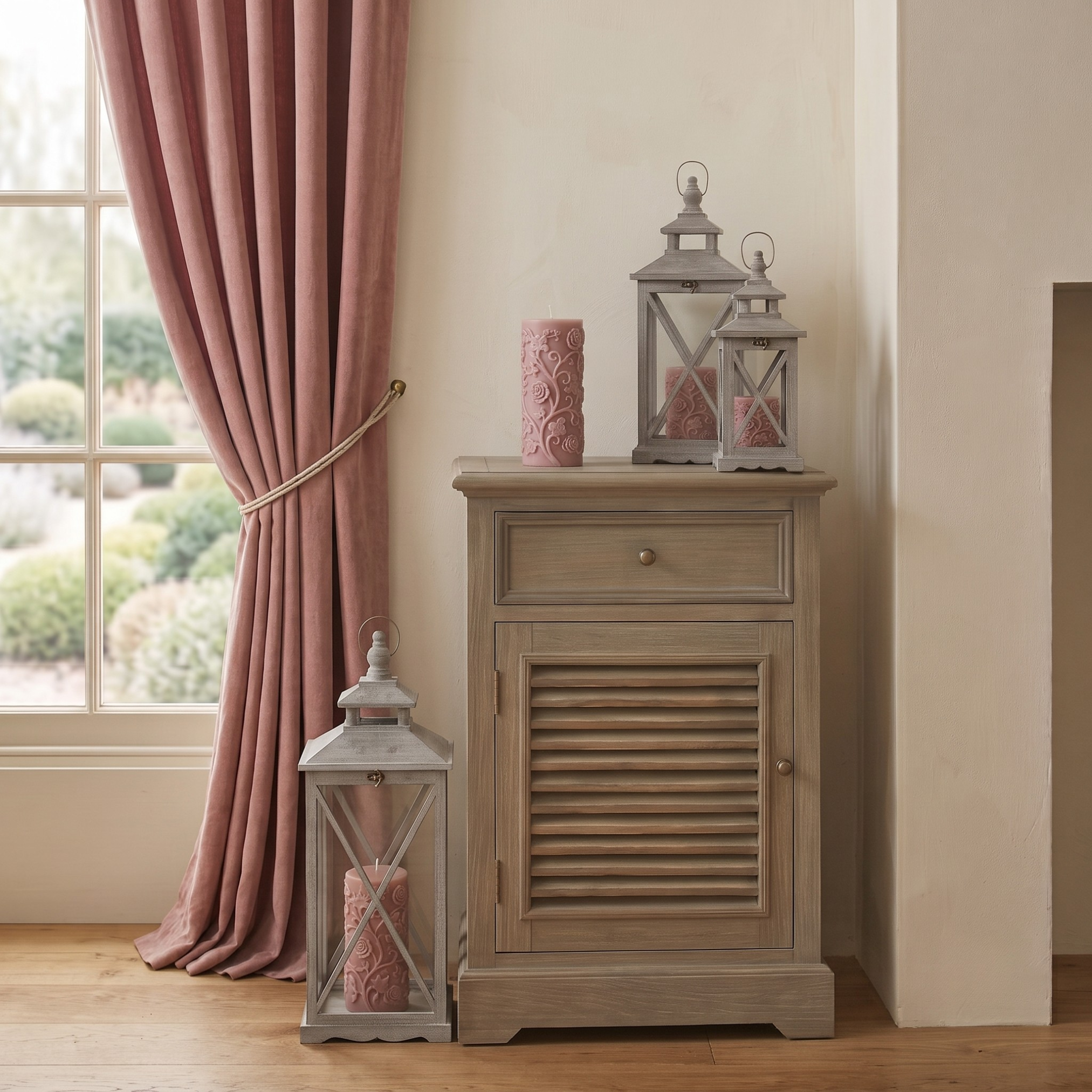 Set Of Three Wooden Lanterns With Traditional Cross Section