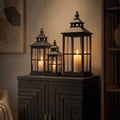 Set Of 3 Black Window Style Lanterns With Open Top