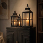 Set Of 3 Black Window Style Lanterns With Open Top