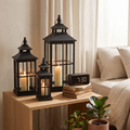 Set Of 3 Black Window Style Lanterns With Open Top