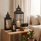 Set Of 3 Black Window Style Lanterns With Open Top