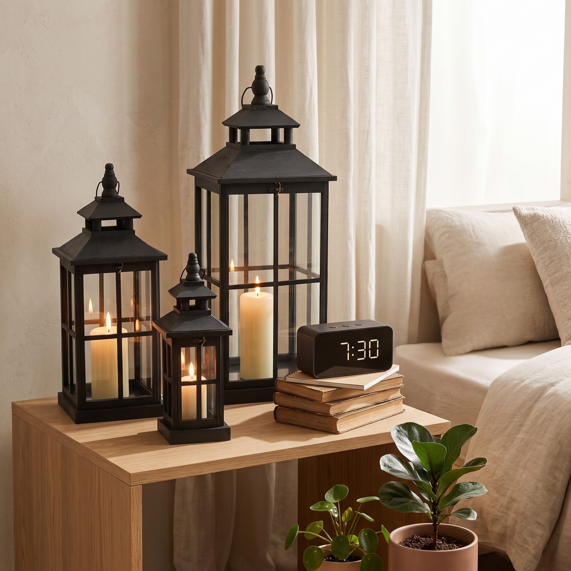 Set Of 3 Black Window Style Lanterns With Open Top