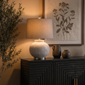Squat White Beaded Ceramic Lamp With Linen Shade
