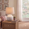 Squat White Beaded Ceramic Lamp With Linen Shade