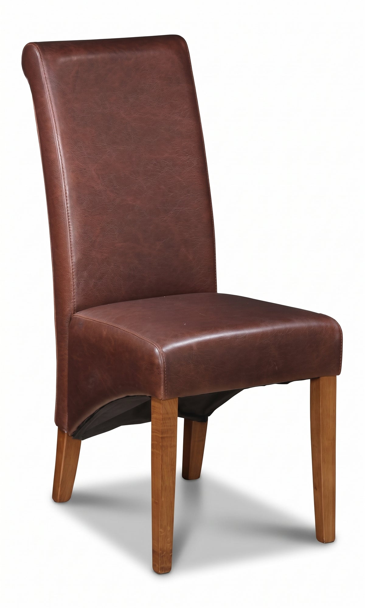 Antique Brown Leather Rollback Dining Chair, Dark Leg