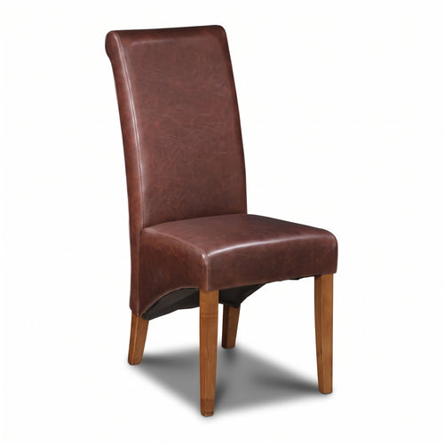 Antique Brown Leather Rollback Dining Chair, Dark Leg