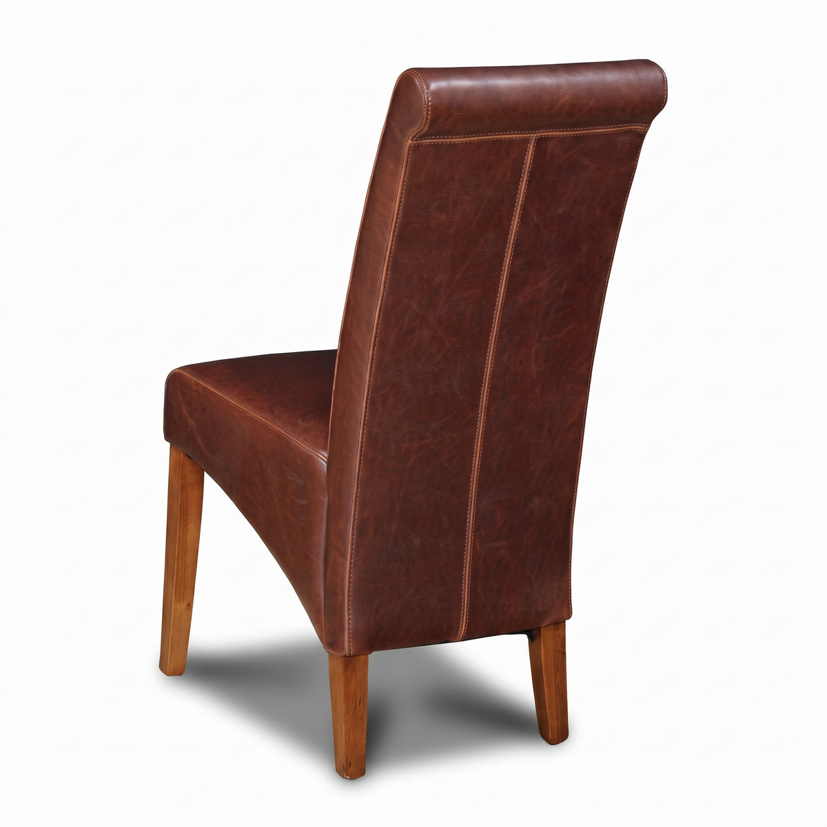 Antique Brown Leather Rollback Dining Chair, Dark Leg