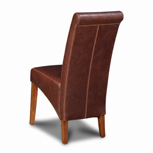 Antique Brown Leather Rollback Dining Chair, Dark Leg