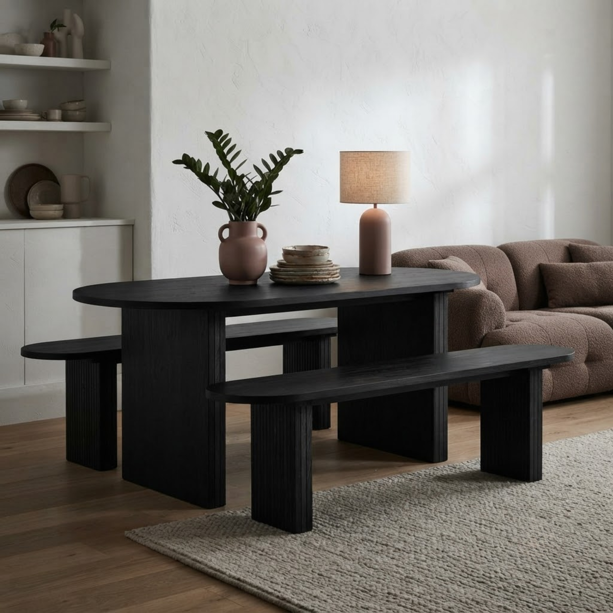 Axel Oval Fluted Dining Table With 2 Benches