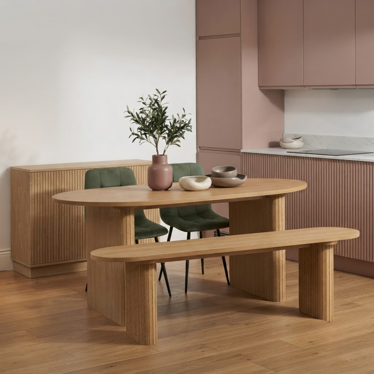 Birlea Axel Oval Fluted Dining Table with 2 Chairs and Bench 160cm