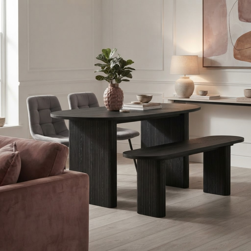Birlea Axel Oval Fluted Dining Table with 2 Chairs and Bench 160cm