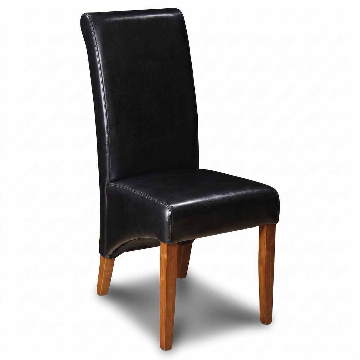 Black Leather Rollback Dining Chair, Dark Leg