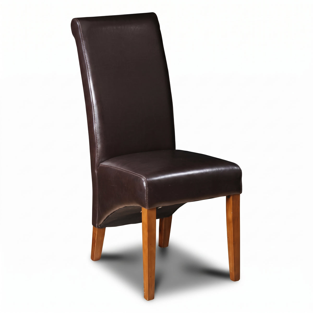 Brown Leather Rollback Dining Chair, Dark Leg