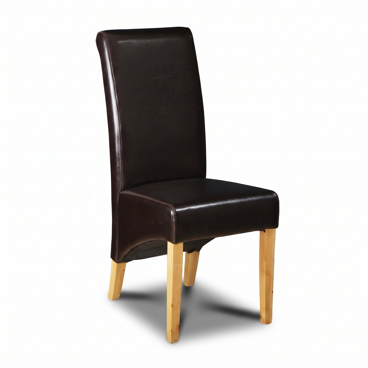 Brown Leather Rollback Dining Chair, Light Leg