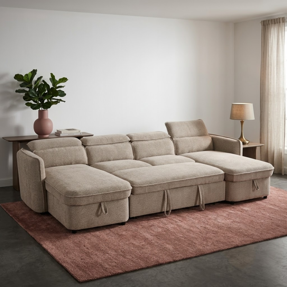Beehive Capri Fabric U-Shaped Corner Sofa Bed 300cm in Beige
