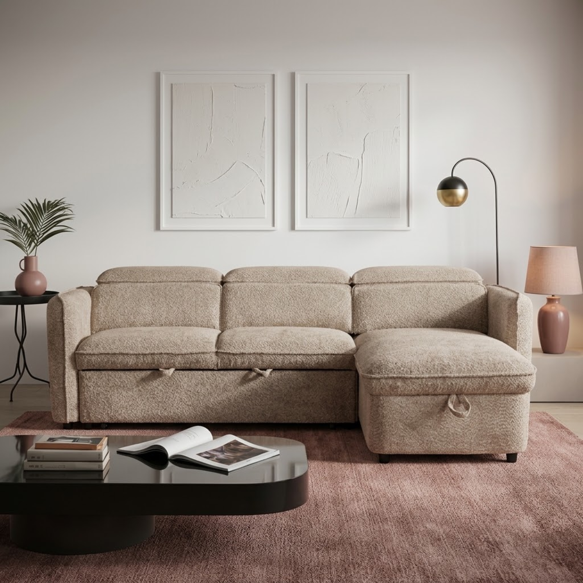 Beehive Capri Fabric Universal Corner Sofa Bed 236cm in Beige