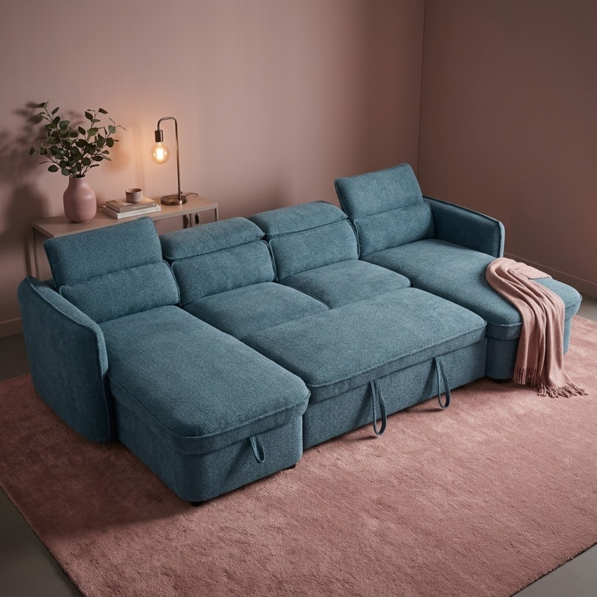 Beehive Capri Fabric U-Shaped Corner Sofa Bed 300cm in Blue