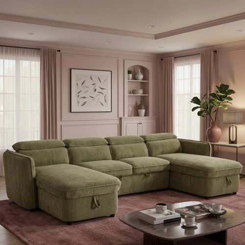 Beehive Capri Fabric U-Shaped Corner Sofa Bed 300cm in Green