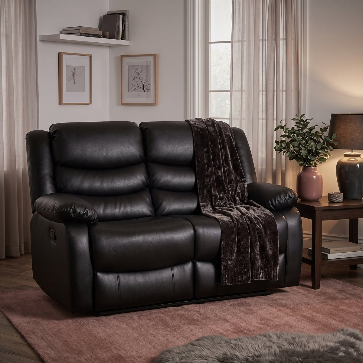 Beehive Conrad Faux Leather Manual Recliner 2 Seater Sofa 130cm in Black
