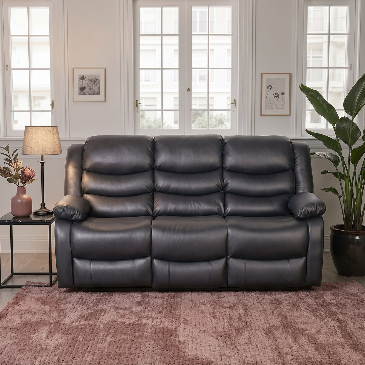 Beehive Conrad Faux Leather Manual Recliner 3 Seater Sofa 184cm in Black