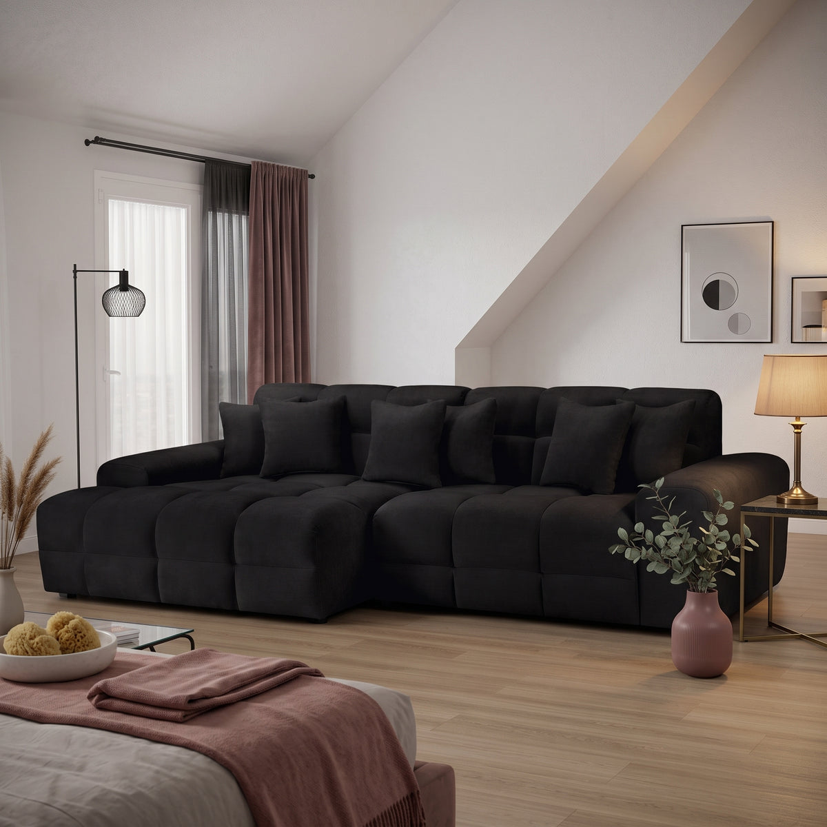 Beehive Jacob Fabric Left Hand Corner Sofa 300cm in Black