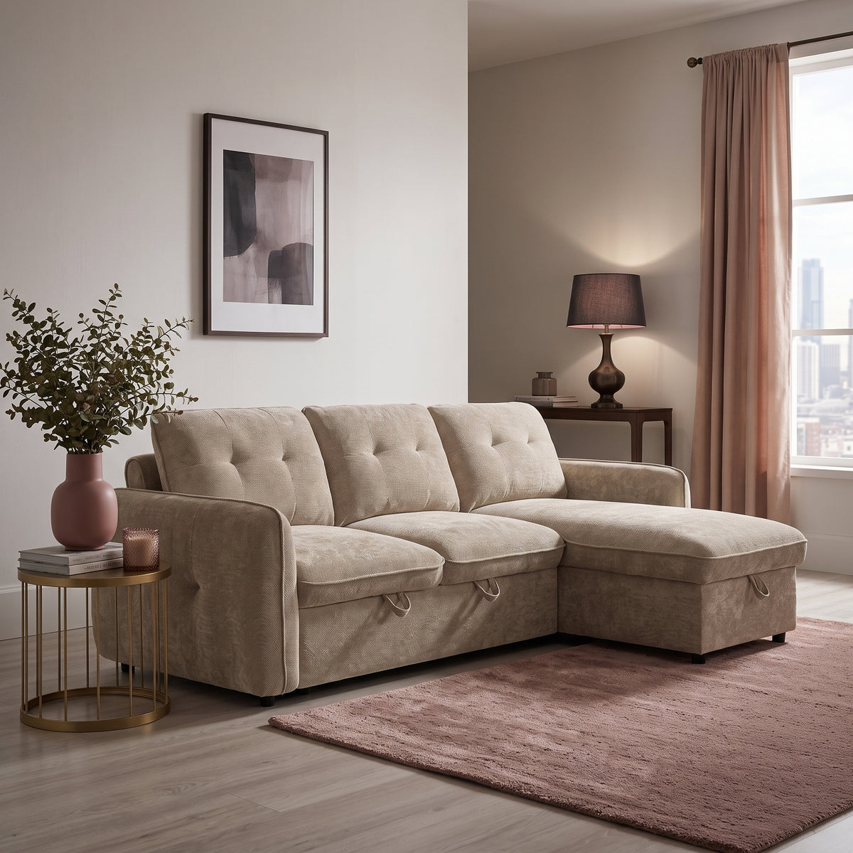 Beehive Moscow Fabric Universal Corner Sofa Bed 236cm in Beige