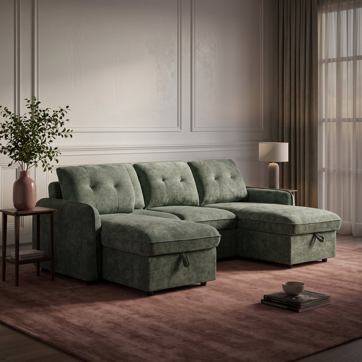 Beehive Moscow Fabric U-Shaped Corner Sofa Bed 300cm in Green