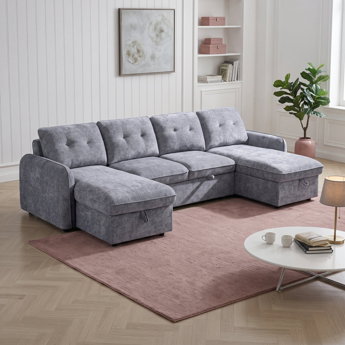 Beehive Moscow Fabric U-Shaped Corner Sofa Bed 300cm in Grey