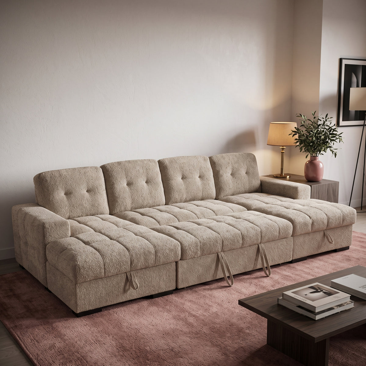 Beehive Palermo Fabric U-Shaped Corner Sofa Bed 318cm in Beige