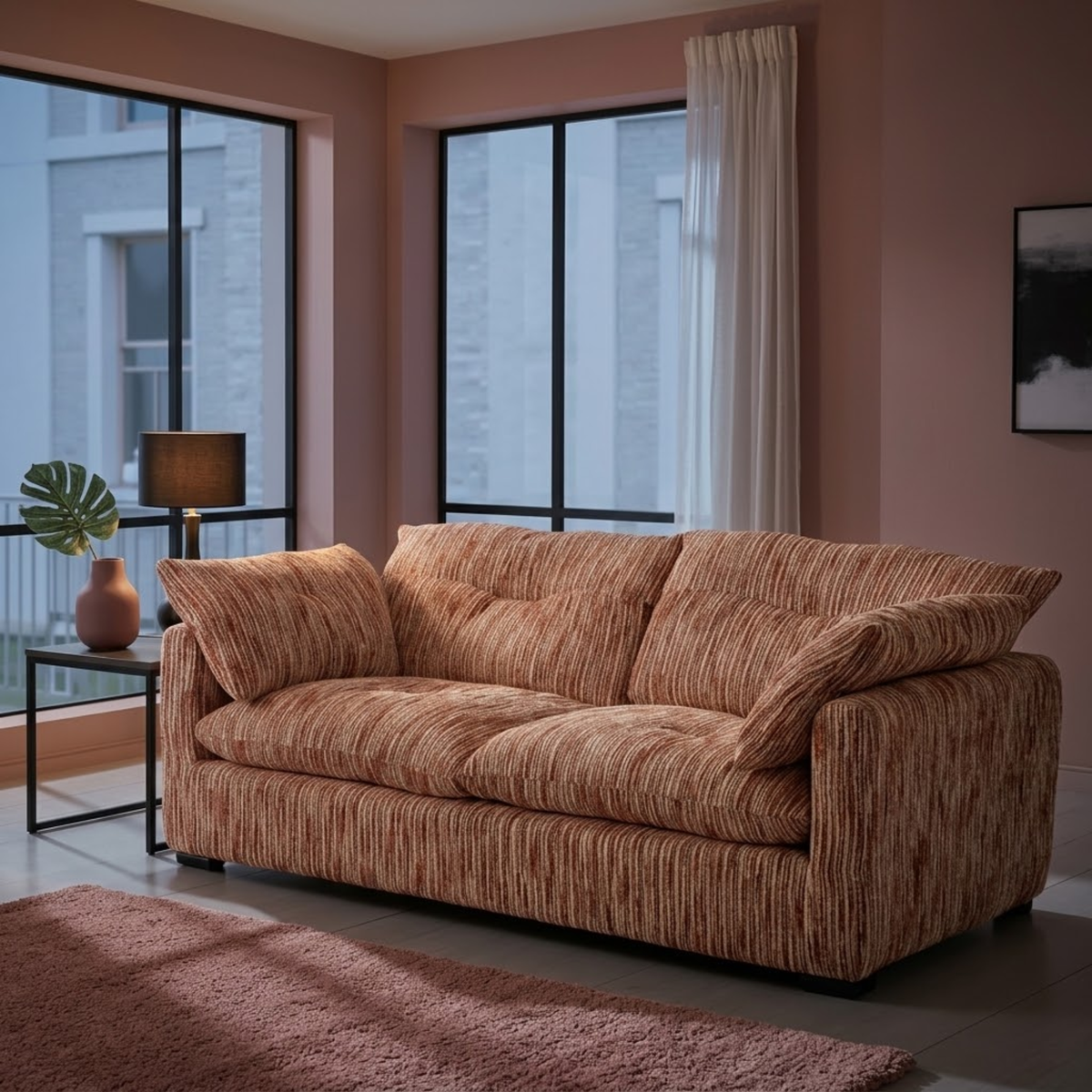 Beehive Quetta Fabric 3 Seater Sofa 210cm in Rust & Beige