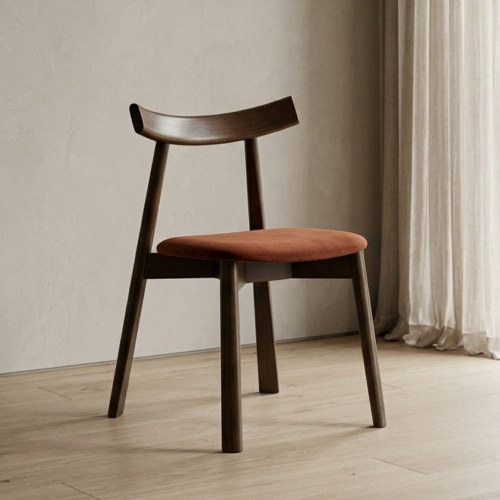 Japandi Rust Orange Velvet Oak Dining Chair, Dark Leg