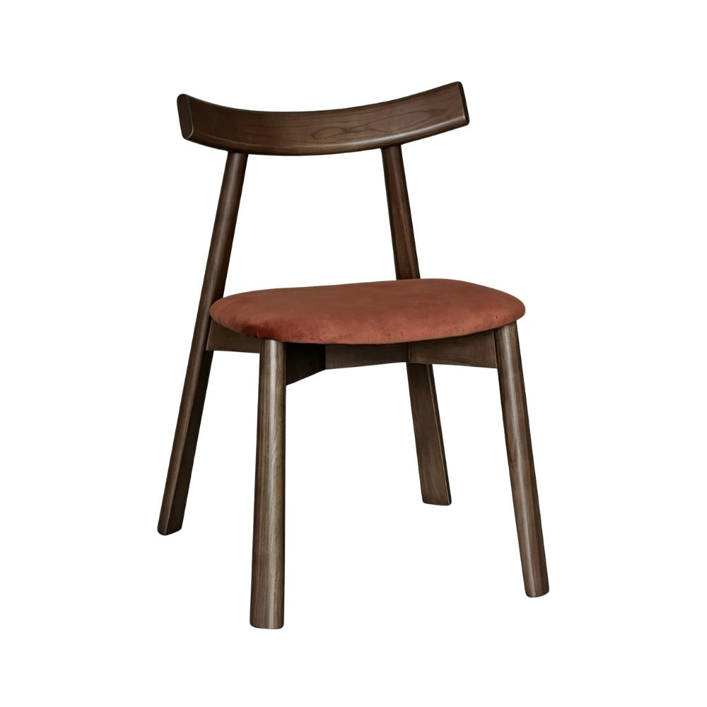 Japandi Rust Orange Velvet Oak Dining Chair, Dark Leg