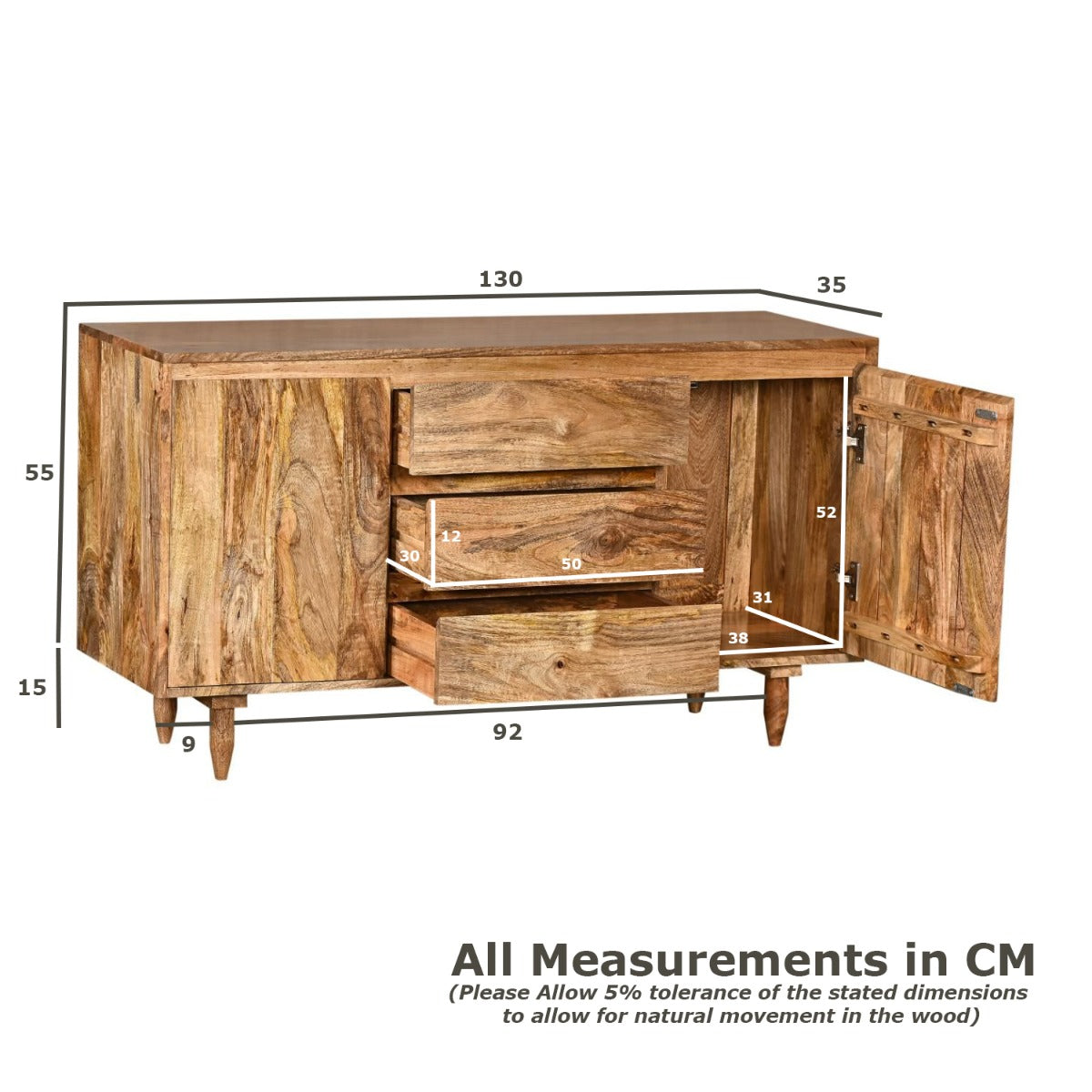 Scandi Mango Wood Sideboard, 130cm