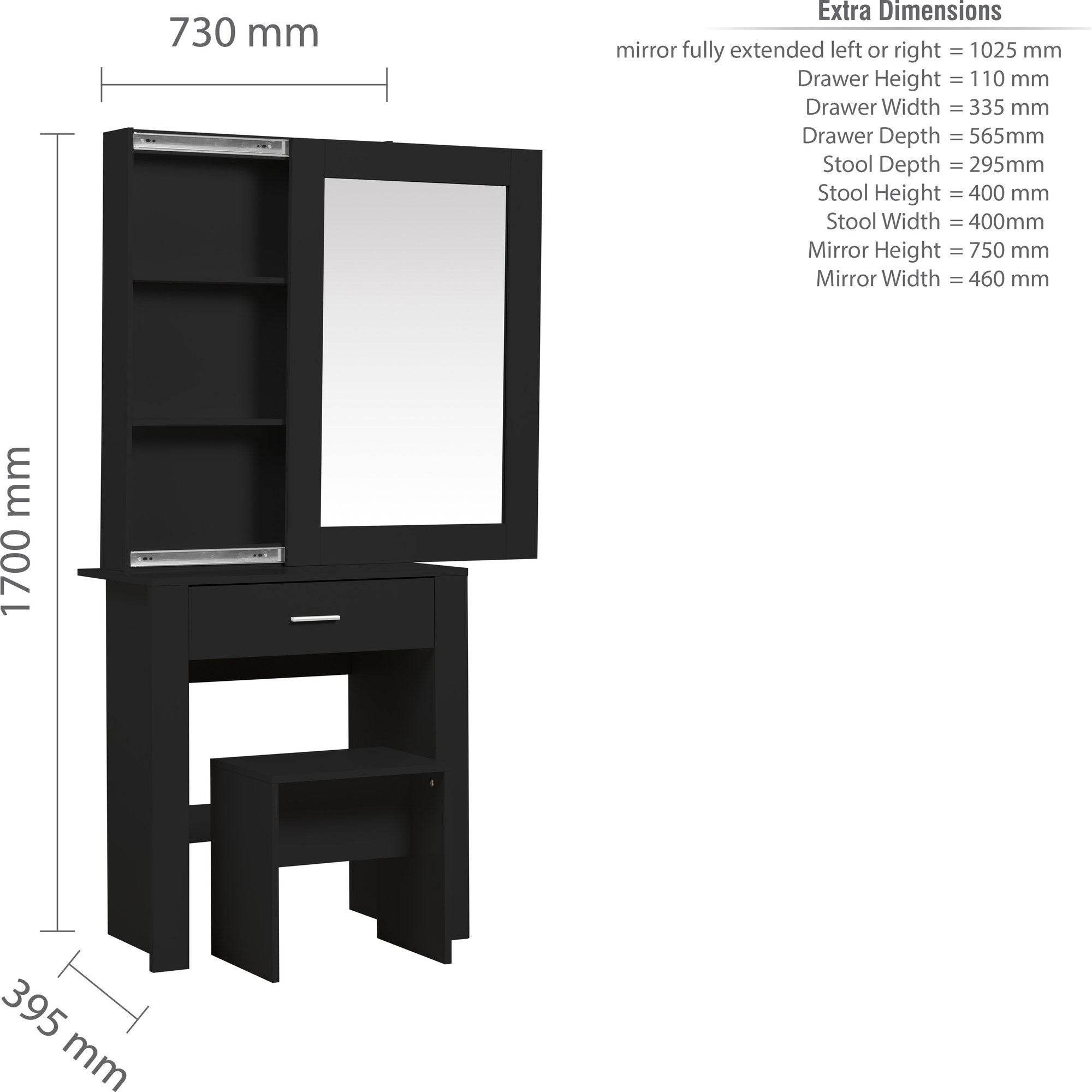 Evelyn 1 Drawer Sliding Mirror Dressing Table