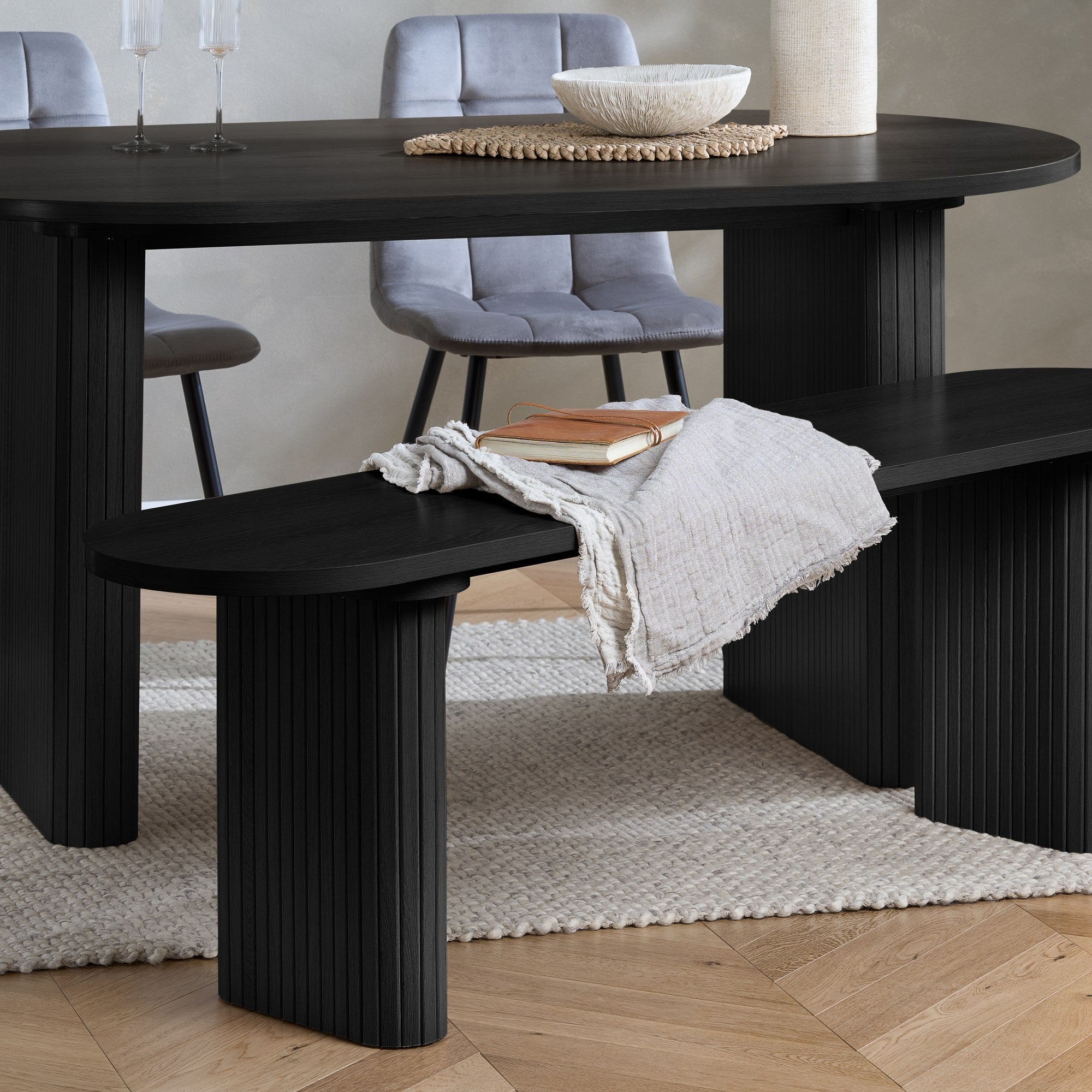 Axel Oval Fluted Dining Table With 2 Chairs And Bench