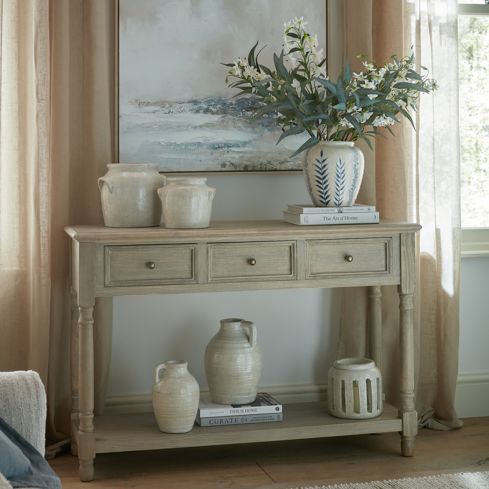 Delphine Collection 3-Drawer Console With Shelf